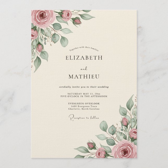 Convite Casamento Romance Floral Rosa Empoeirada (Frente)
