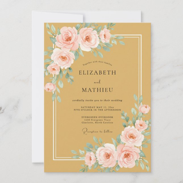 Convite Casamento Romance Floral Rosa Ocre (Frente)