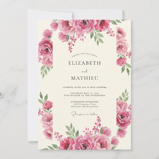 Convite Casamento Romance Floral Rosa Rosa (Frente)
