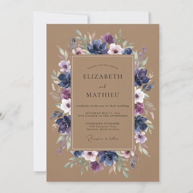Convite Casamento Romance Floral Roxo Azul-Marinho (Frente)
