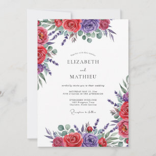 Convite Casamento Romance Floral Roxo Vermelho