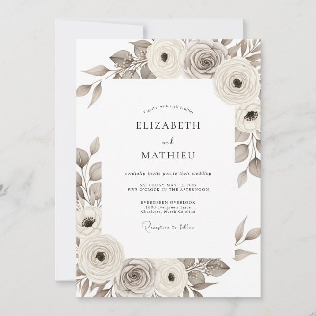 Convite Casamento Romance Floral Sepia Pinturesco (Frente)