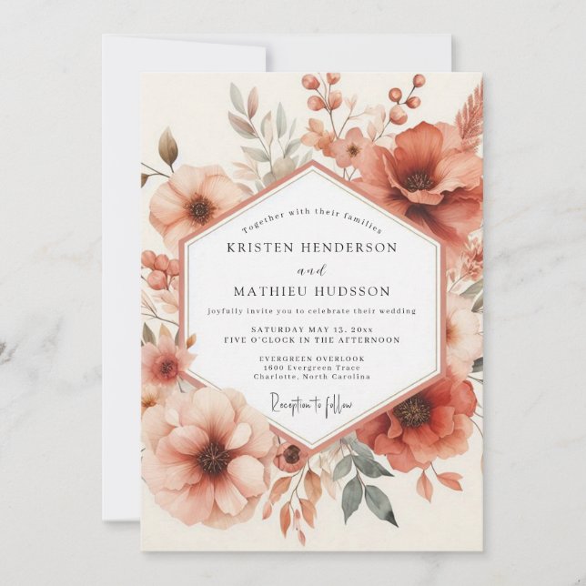 Convite Casamento Romance Floral Terracota (Frente)