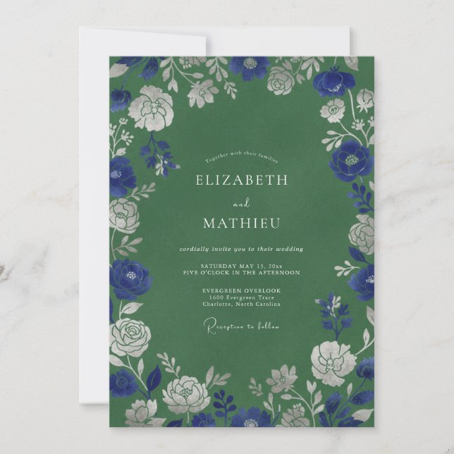 Convite Casamento Romance Floral Verde Azul (Frente)