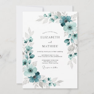 Convite Casamento Romance Floral Verde-azulado Luxuriante