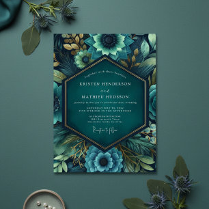 Convite Casamento Romance Floral Verde-azulado Luxuriante
