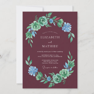 Convite Casamento Romance Floral Verde Borgonha
