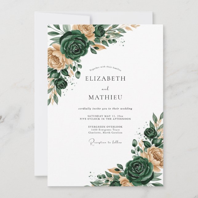 Convite Casamento Romance Floral Verde Esmeralda (Frente)