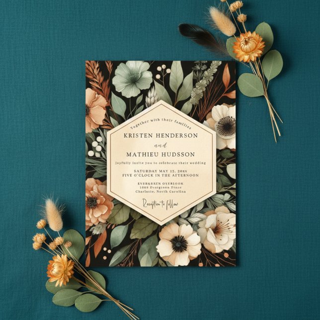Convite Casamento Romance Floral Verde Profundo de Outono (Criador carregado)