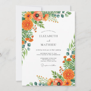 Convite Casamento Romance Floral Vibrante Laranja