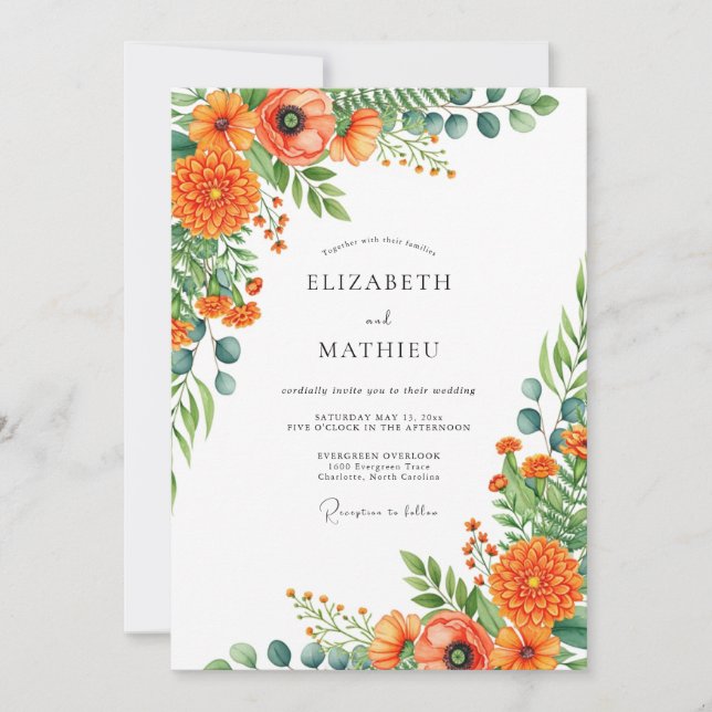 Convite Casamento Romance Floral Vibrante Laranja (Frente)