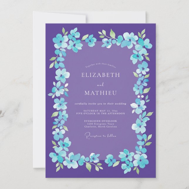 Convite Casamento Romance Floral Vibrante Roxo (Frente)