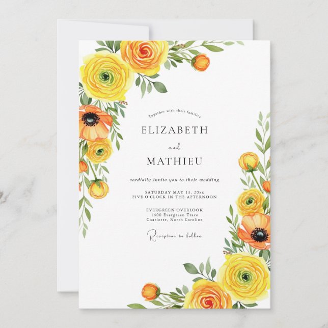 Convite Casamento Romance Florido Amarelo (Frente)