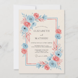 Convite Casamento Romance Florido Azul Coral