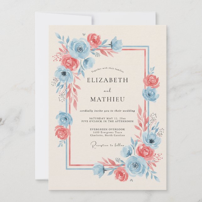 Convite Casamento Romance Florido Azul Coral (Frente)