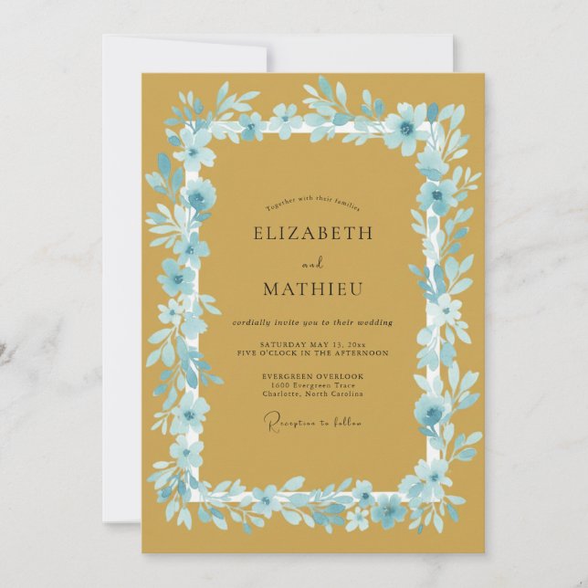 Convite Casamento Romance Mustard Azul Florido (Frente)