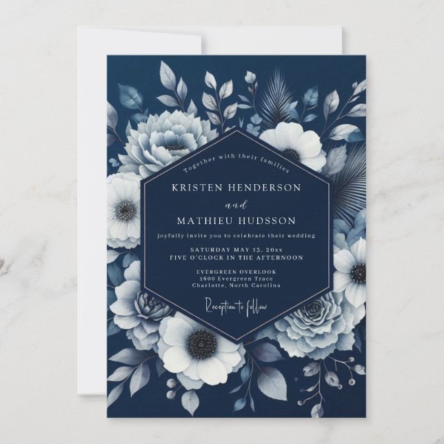 Convite Casamento Romance Navy Bloom (Frente)