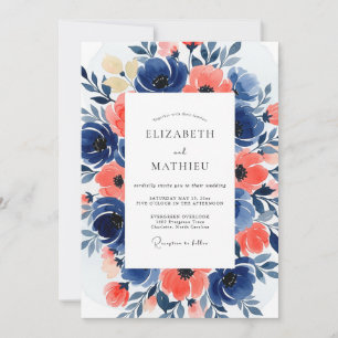 Convite Casamento Romance Navy Coral Bloom