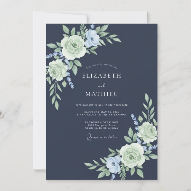 Convite Casamento Romance Navy Pastel Bloom (Frente)