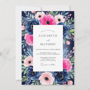 Convite Casamento Romance Navy Pink Bloom