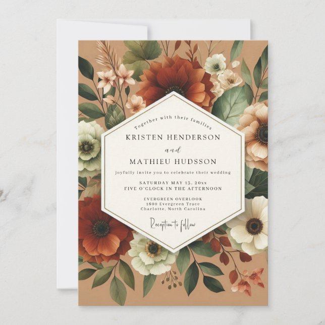 Convite Casamento Romance Outonal Floral Âmbar (Frente)