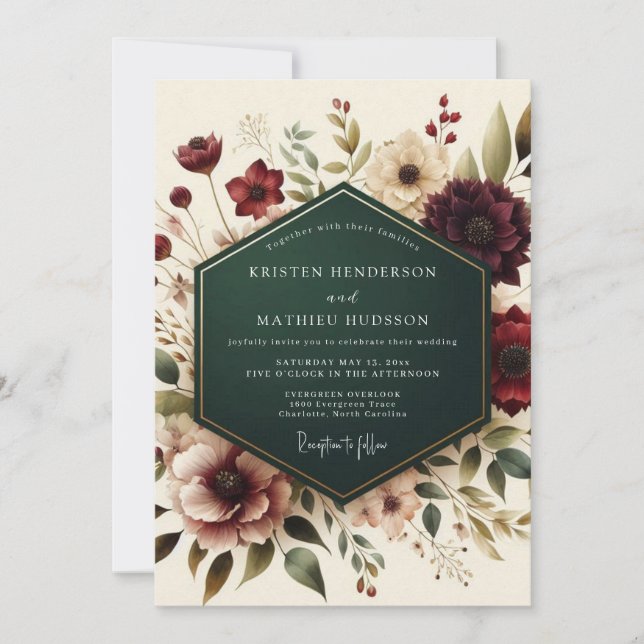 Convite Casamento Romance Outonal Floral Borgonha (Frente)