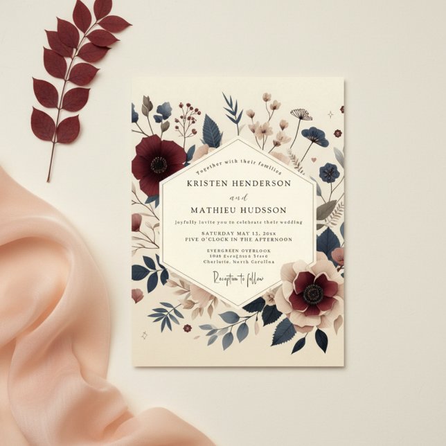 Convite Casamento Romance Outonal Floral Borgonha (Criador carregado)