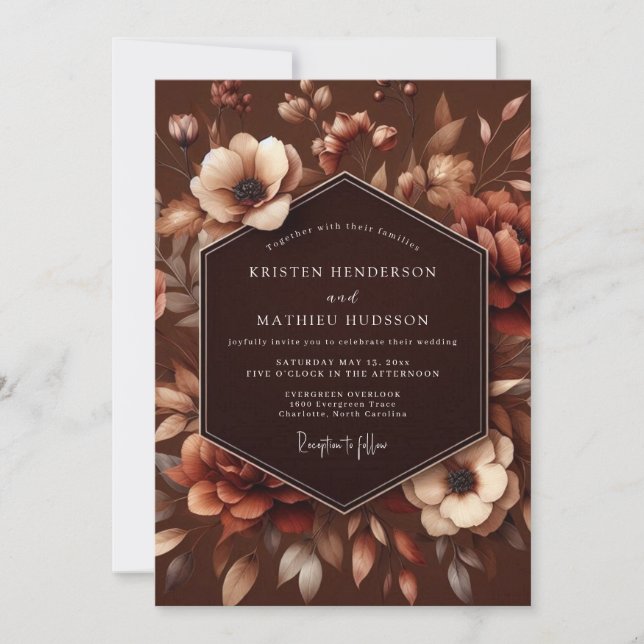 Convite Casamento Romance Outono Flor de Marrom (Frente)
