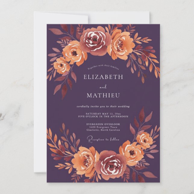 Convite Casamento Romance Outono Floral Ameixa (Frente)