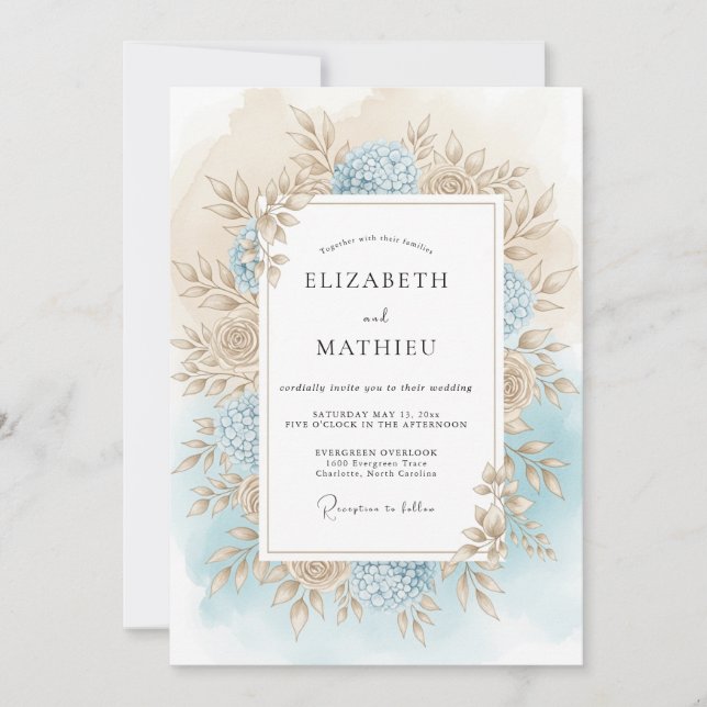 Convite Casamento Romance Outono Floral Azul (Frente)