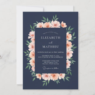 Convite Casamento Romance Peônia Beijo Azul-Marinho