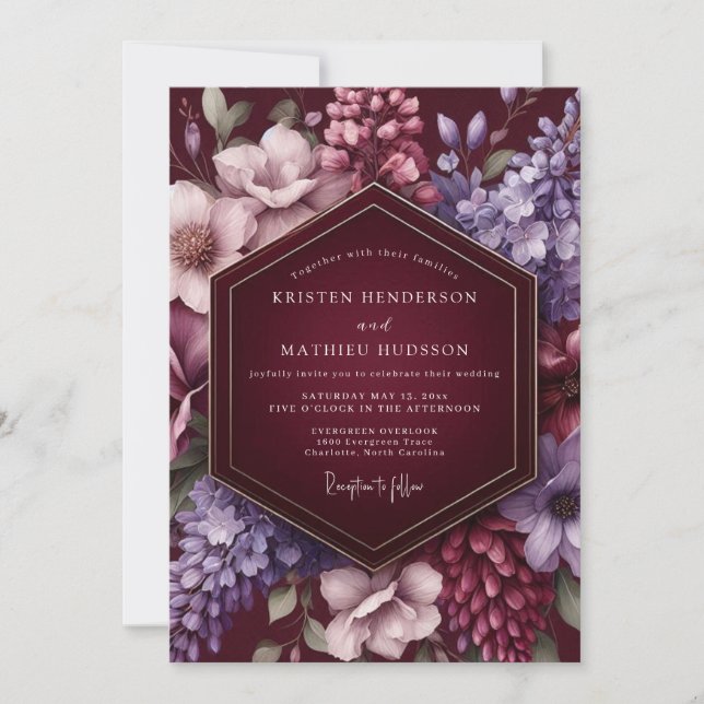 Convite Casamento Romance Pétala Veludo Borgonha (Frente)