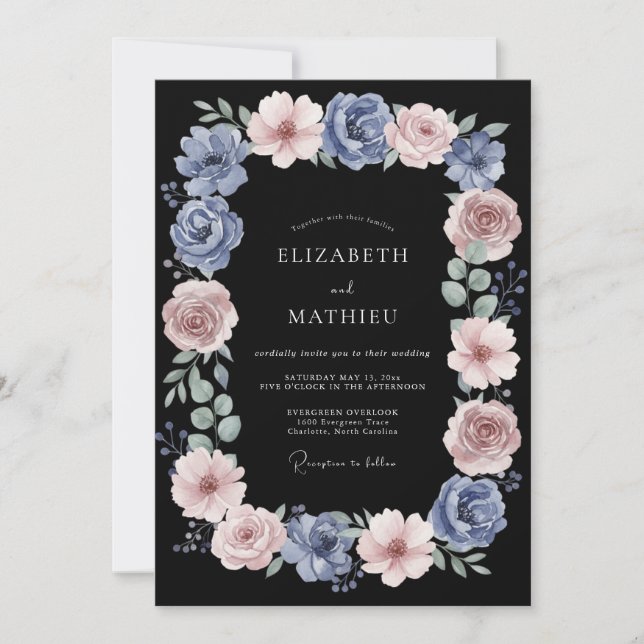 Convite Casamento Romance Rosa Azul Empoeirado (Frente)