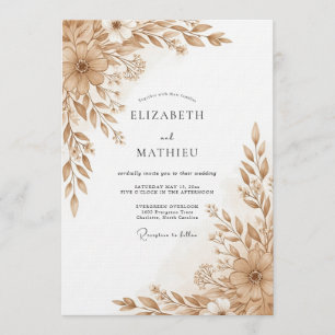 Convite Casamento Romance Tan Floral Pincelada