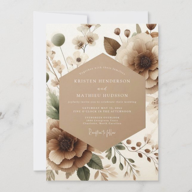 Convite Casamento Romance Taupe Bloom (Frente)