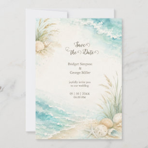 Convite Casamento Romântico à Beira-Mar Aquarela Praia