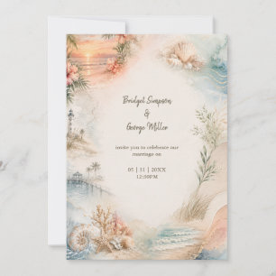 Convite Casamento Romântico à Beira-Mar Paraíso de Conchas