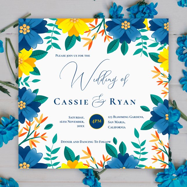 Convite Casamento Romântico Amarelo Amarelo Azul bonito (Pretty Bright Blue Yellow Floral Romantic Wedding Invitation)
