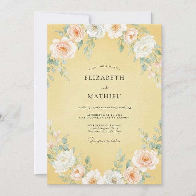 Convite Casamento Romântico Amarelo Cremoso de Primavera (Frente)