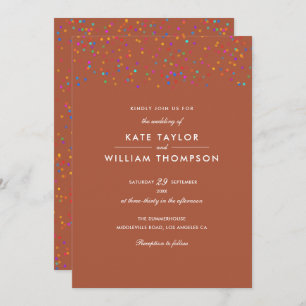 Convite Casamento Romântico Arco-Íris Confetti Terracotta