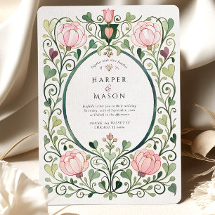 Convite Casamento Romântico Art Nouveau com Peônia Rosa