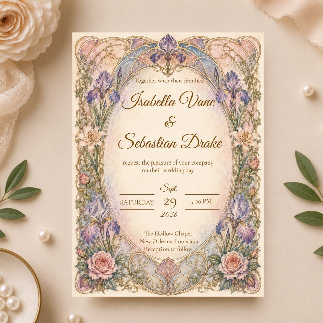 Convite Casamento Romântico Art Nouveau Iris (Criador carregado)