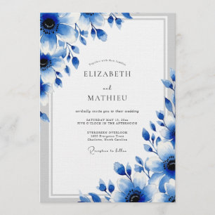 Convite Casamento Romântico Artístico Floral Azul
