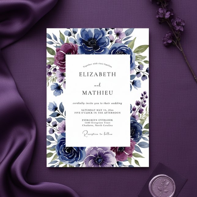 Convite Casamento Romântico Artístico Floral Índigo (Criador carregado)