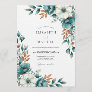Convite Casamento Romântico Artístico Floral Turquesa
