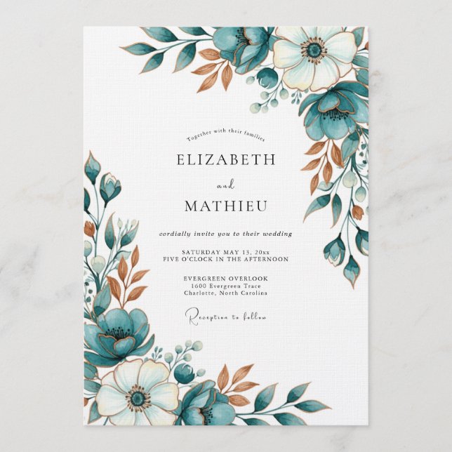 Convite Casamento Romântico Artístico Floral Turquesa (Frente)