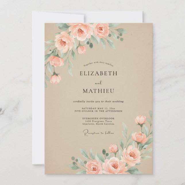 Convite Casamento Romântico Atemporal de Champanhe (Frente)