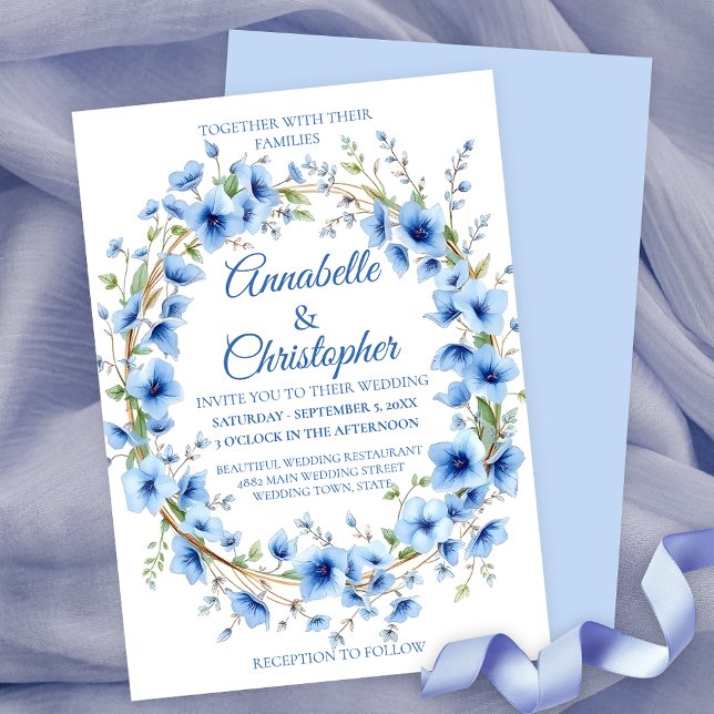 Convite Casamento Romântico Azul Floral Vermelhos Elegante (Criador carregado)
