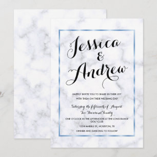 Convite Casamento Romântico Azul Mármore