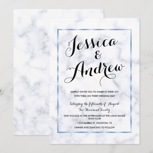 Convite Casamento Romântico Azul Mármore (Frente/Verso)